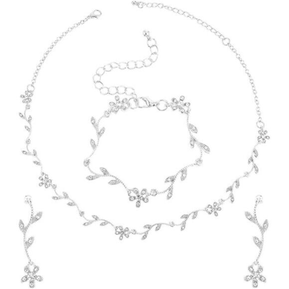 3 Piece Bridal Jewelry Set Crystal Necklace Earrings Bracelet Wedding Rhinestone - Picture 8 of 8